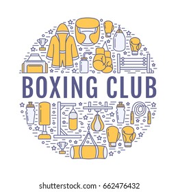 Boxing poster template. Vector sport training line icons, circle illustration of equipment - punchbag, boxer gloves, ring, heavy bags.