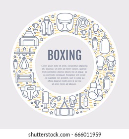 Boxing poster template. Vector sport training line icons, circle illustration of equipment - punchbag, boxer gloves, ring, heavy bags. 