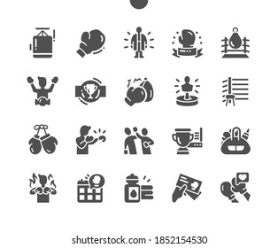 Boxing, power, fight. Fighters in gloves. Fight club, punching bags, gym. Healthy lifestyle. Vector Solid Icons. Simple Pictogram