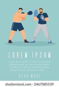 Boxing practice vector illustration. Two male boxers spar in a casual training session, one in navy shorts and the other in gray, showcasing dynamic boxing stances and techniques.