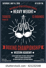 Boxing professional championship poster with heavy weight battle advertising and white boxer gloves in black background  vector illustration 