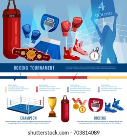 Boxing, professional sport infographics. Boxer, ring, belt, punch bags, gloves, shorts, helmet. Boxing sports concept 