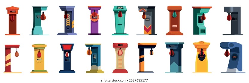  Boxing punch arcade game icons set. Diverse collection of punching bag machines, showcasing different designs, colors, and features for boxing training and entertainment