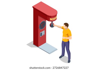 Máquina de boxe. Máquina de perfuração de boxe isométrica com mostrador de escore digital e caráter masculino. Arcade conceito de teste de força para fitness, desafio desportivo, competição e entretenimento