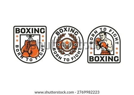 Boxing retro badge logos with gloves, championship belt, fighter figure. Boxing gloves, Belt champion, Fighter vintage patch sticker pack for tournament sport. Vector Illustration