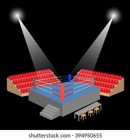 boxing ring arena with empty seats and referee table spotlight on dark background