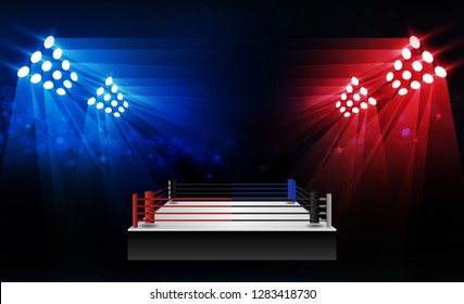 Boxing ring arena and floodlights vector design Bright stadium arena lights red blue. Vector illumination