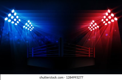 Boxing Ring Arena And Floodlights Vector Design Bright Stadium Arena Lights Red Blue. Vector Illumination