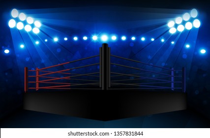 Boxing ring arena and floodlights vector design Bright stadium arena lights red blue. Vector illumination