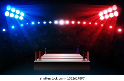 Boxing ring arena and floodlights vector design Bright stadium arena lights red blue. Vector illumination