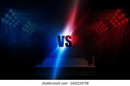 Boxing ring arena and floodlights vector design Bright stadium arena lights red blue. Vector illumination