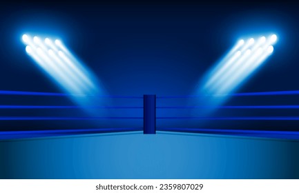 Boxing ring arena and floodlights vector design Bright stadium arena lights red blue. Vector illumination