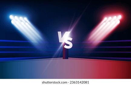 Boxing ring arena and floodlights vector design Bright stadium arena lights red blue. Vector illumination