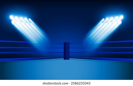 Boxing ring arena and floodlights vector design Bright stadium arena lights red blue. Vector illumination