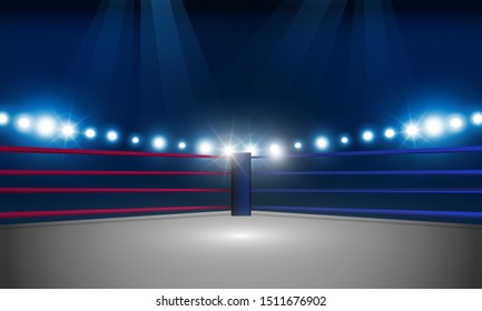 Boxing ring arena and spotlight floodlights vector design.