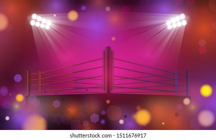 Boxing ring arena and spotlight floodlights on Light  bokeh  Background vector design.