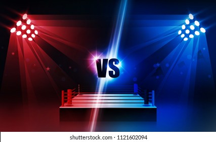 Boxing ring arena vs letters for sports and fight competition. Battle and match design. Vector illumination