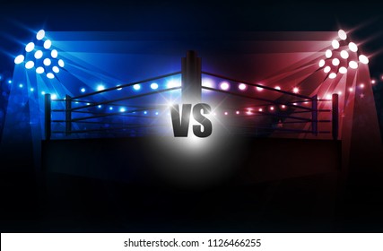 Boxing ring arena vs letters for sports and fight competition. Battle and match design. Vector illumination