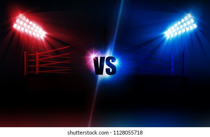 Boxing ring arena vs letters for sports and fight competition. Battle and match design. Vector illumination