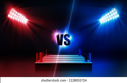 Boxing ring arena vs letters for sports and fight competition. Battle and match design. Vector illumination