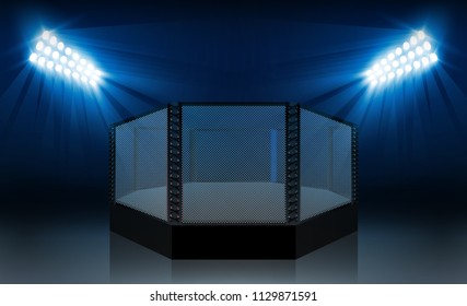 Boxing ring arena vs letters for sports and fight competition. Battle and match design. MMA octagon ring. Vector illumination