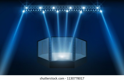 Boxing ring arena vs letters for sports and fight competition. Battle and match design. MMA octagon ring. Vector illumination