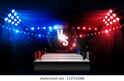 Boxing ring arena vs letters for sports and fight competition. Battle and match design. Vector illumination