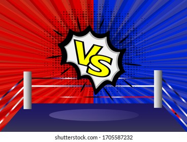 Arena de boxeo contra cartas deportivas y competición de lucha. Diseño de combates y partidos. Color azul y rojo del estilo cómico.  Ilustrador vectorial.