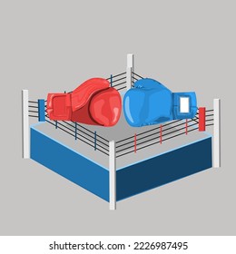Boxing ring between red and blue boxing gloves. vector illustration.