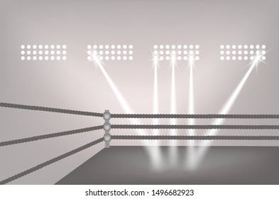 boxing ring with colorful ropes and night light in stadium arena. 