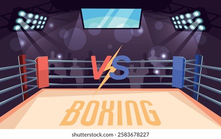 Boxing ring. Competition or tournament banner background. Empty auditorium, vs fighting arena. Professional sport. Playground and fences on spotlight. Cartoon flat isolated vector concept