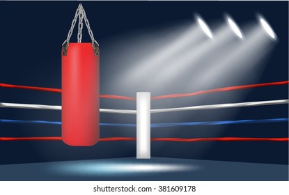 boxing ring corner with punch bag surrounded by spotlight