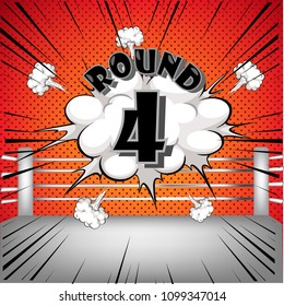 Boxing ring corner with warm red tone and retro comic style round4, Round four icon.