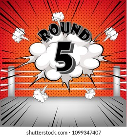 Boxing ring corner with warm red tone and retro comic style round5,Round five icon.