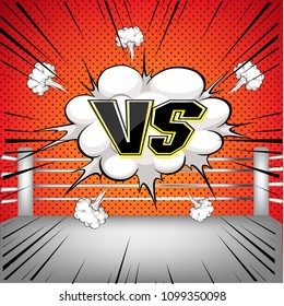 Boxing ring corner with warm red tone and retro comic style background and VS icon