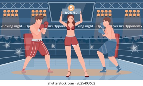 Boxing Ring Flat Vector Illustration With Two Male Boxers And Girl In Bikini Showing Sign With Number Of Round