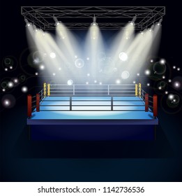 Boxing ring with illumination by spotlights. Arena for box sport 3d realistic vector illustration 