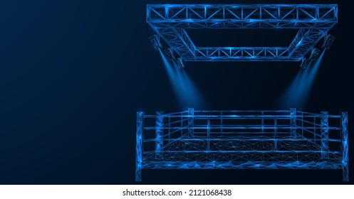 Boxing ring. Metal construction with lighting spotlights. Arena for duels. Polygonal design of interconnected lines and points. Blue background.