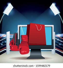 Boxing ring with online boxing sale colorful design with boxing gloves, computer and shopping bag, vector illustration