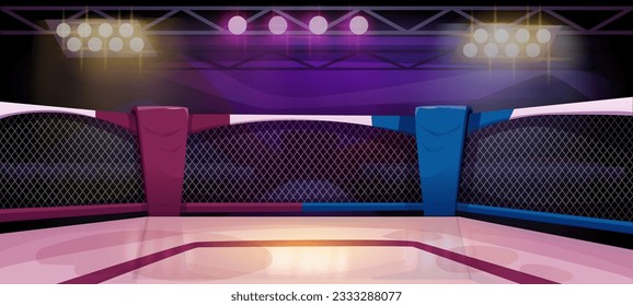 Boxing ring poster. Panorama with sports arena for fight. Banner with platform for competitions MMA championship with spotlights, fence and empty spectator seats. Cartoon flat vector illustration