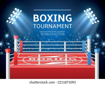 Boxing Ring Poster. Realistic Battle Stage, Fighting Arena, Playground And Fences, Professional Spotlights, Auditorium For Combat Competition, Background For Tournament, Utter Vector Concept