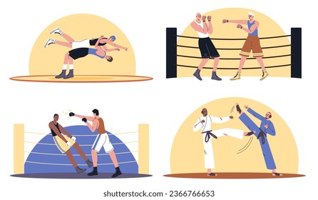 Boxing at ring. Professional athletes in sparring. Cartoon male wrestlers and boxers. Karate fight match. Sports competitions. Men punching and kicking with fists