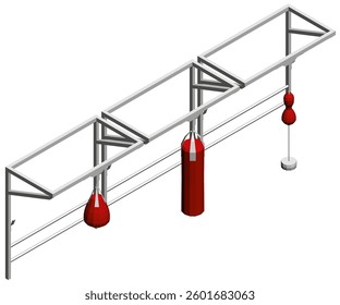 A boxing ring with a red bag hanging from the ceiling. The bag is hanging from a chain and is red in color