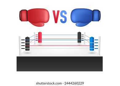 Anillo de boxeo con guantes rojos vs azul. Diseño de Vector de arena de anillo de boxeo. Deportes y competición de lucha. Diseño de combate y combate. Ilustración vectorial