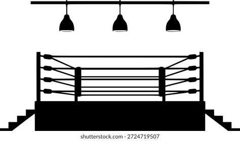 Silueta de anillo de boxeo con lámparas y escaleras de proyector, Vector de plataforma de arena de lucha libre, ícono de etapa de competencia de artes marciales, interior de estadio deportivo aislado sobre fondo blanco.