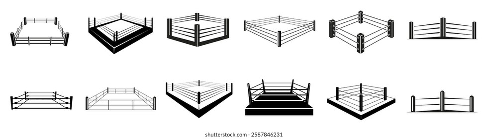 Boxing ring sport arena with ropes for fighting set icon