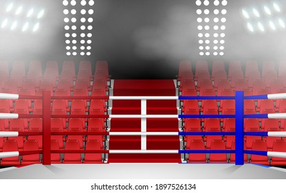 Boxing ring with spotlight and red seat in the hall