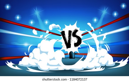 Boxing ring surrounded by ropes spotlit on and white smoke with blue background