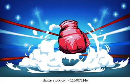 Boxing ring surrounded by ropes spotlit on and white smoke with blue background