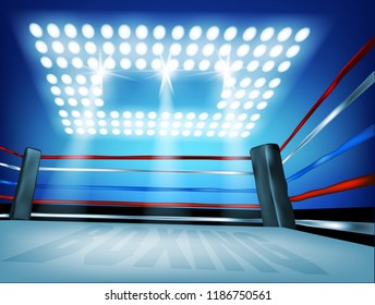 Boxing ring surrounded by ropes spotlit on and wind angle with blue background